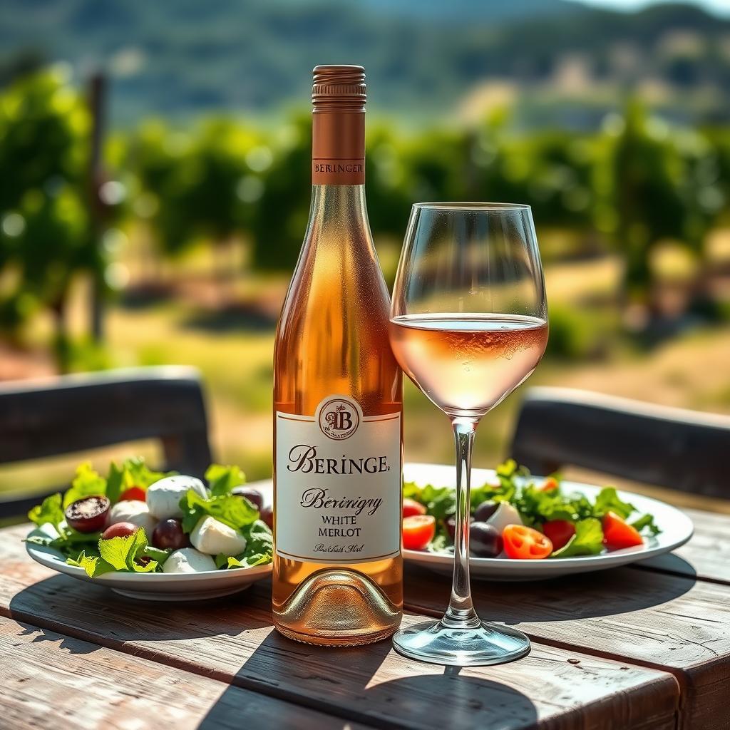 A chilled bottle of Beringer White Merlot next to a summer salad on an outdoor table.