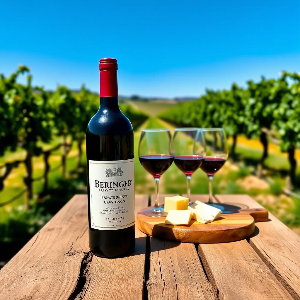 Beringer Private Reserve Cabernet Sauvignon on a table with vineyards in the background