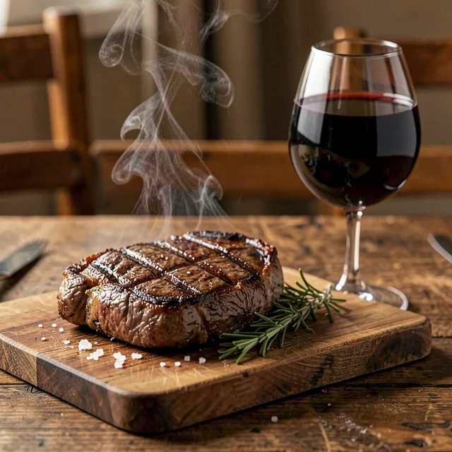 Grilled ribeye steak paired with a glass of Cabernet Sauvignon
