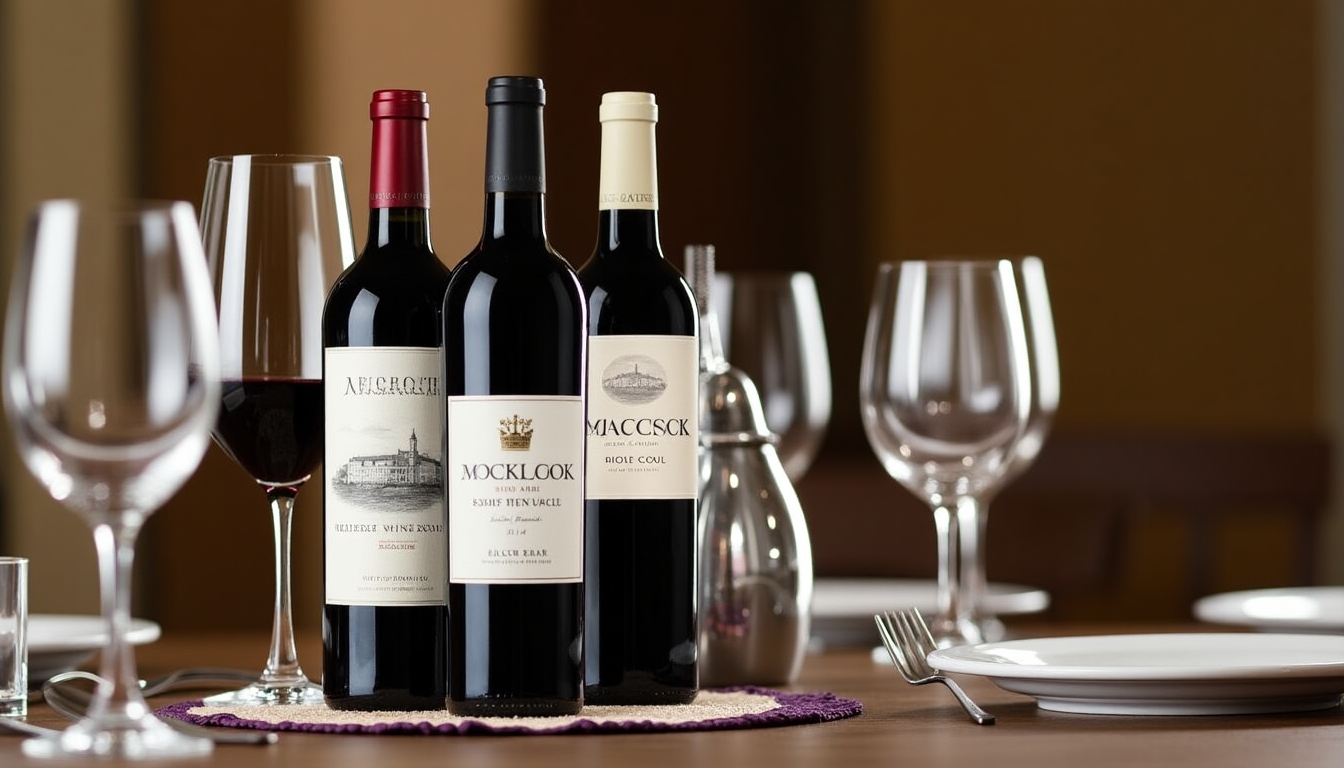 Bottles of newly released wines with elegant labels displayed on a wooden table.