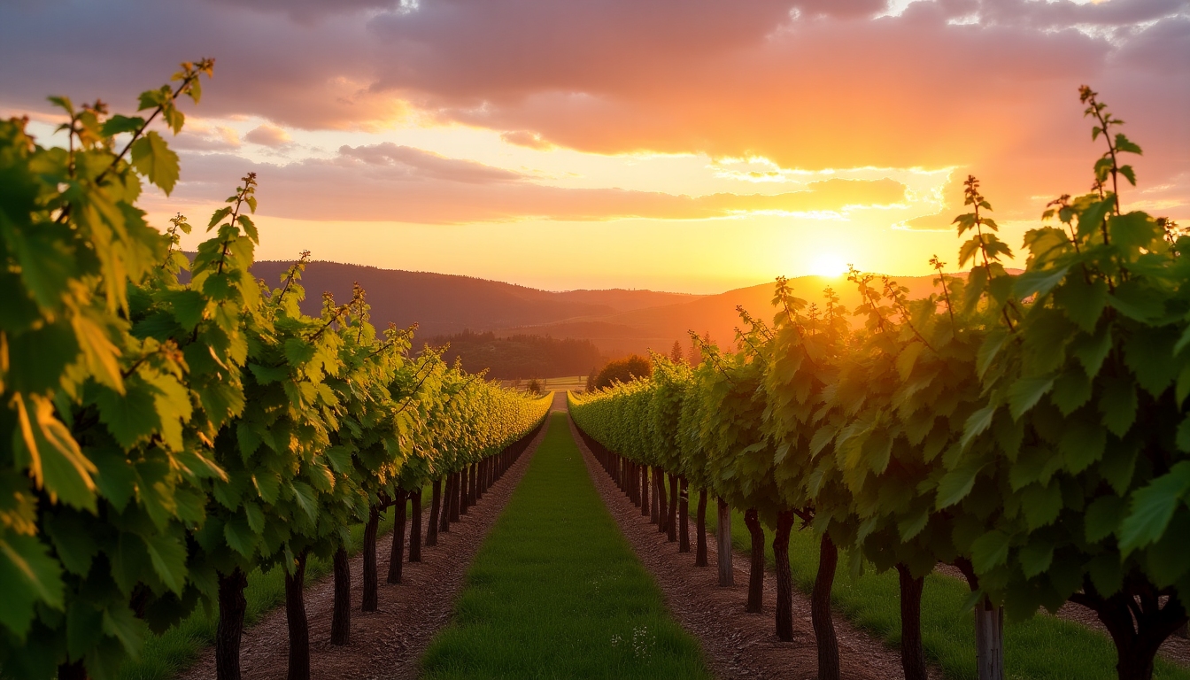 Vineyards in the golden-hour lighting, showcasing rows of grapes and idyllic countryside.