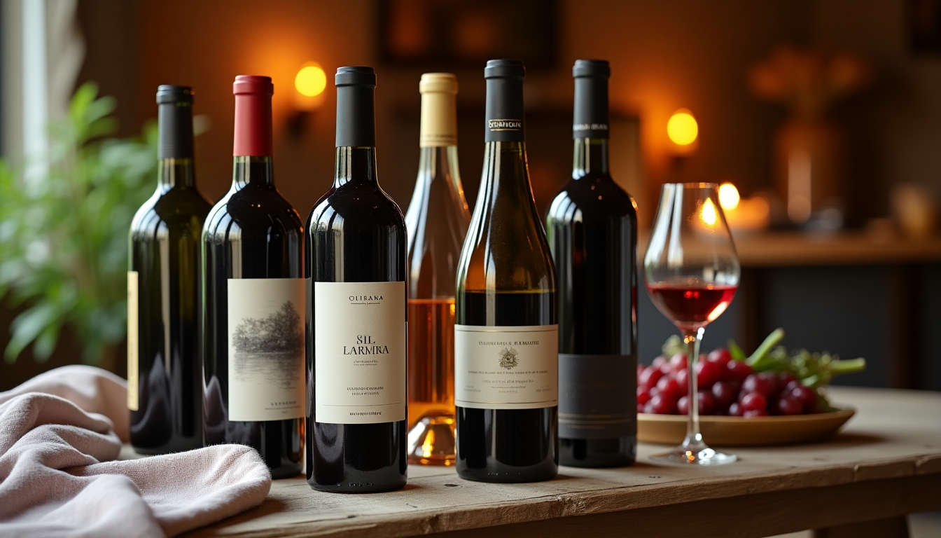 different white wine bottles with labels showcased on a rustic wooden table