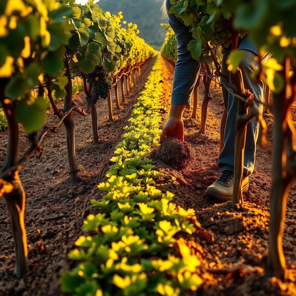 Winery worker spreading compost in a vineyard with green cover crops under warm golden-hour sunlight.
