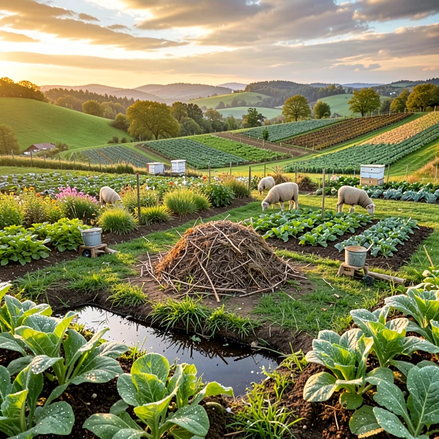 Vibrant biodynamic farm landscape showing diverse crops, animals, and natural elements