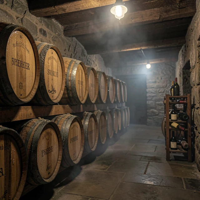 Aging barrels in Beringer's historic hand-dug caves