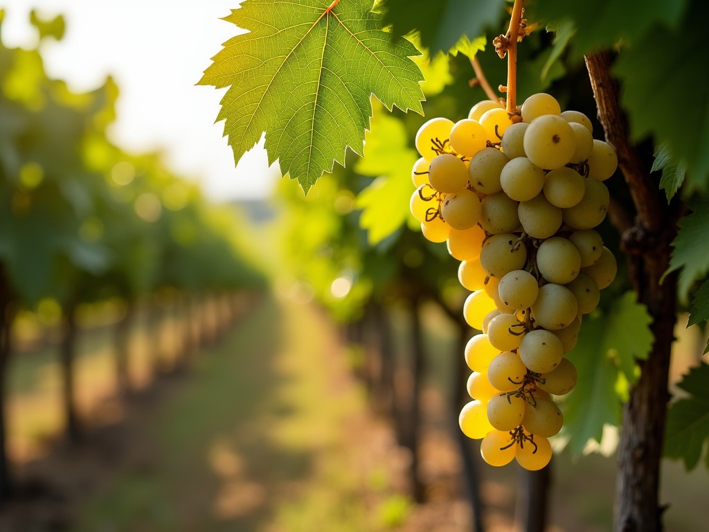 A close-up of Chardonnay grapes ready for harvest with a vibrant vineyard background.