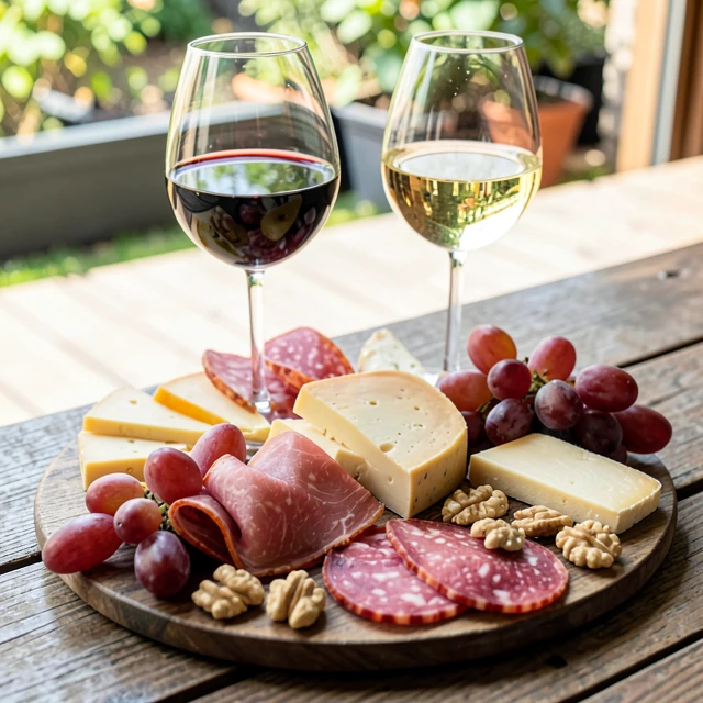 Charcuterie board paired with red and white wines for a perfect appetizer spread