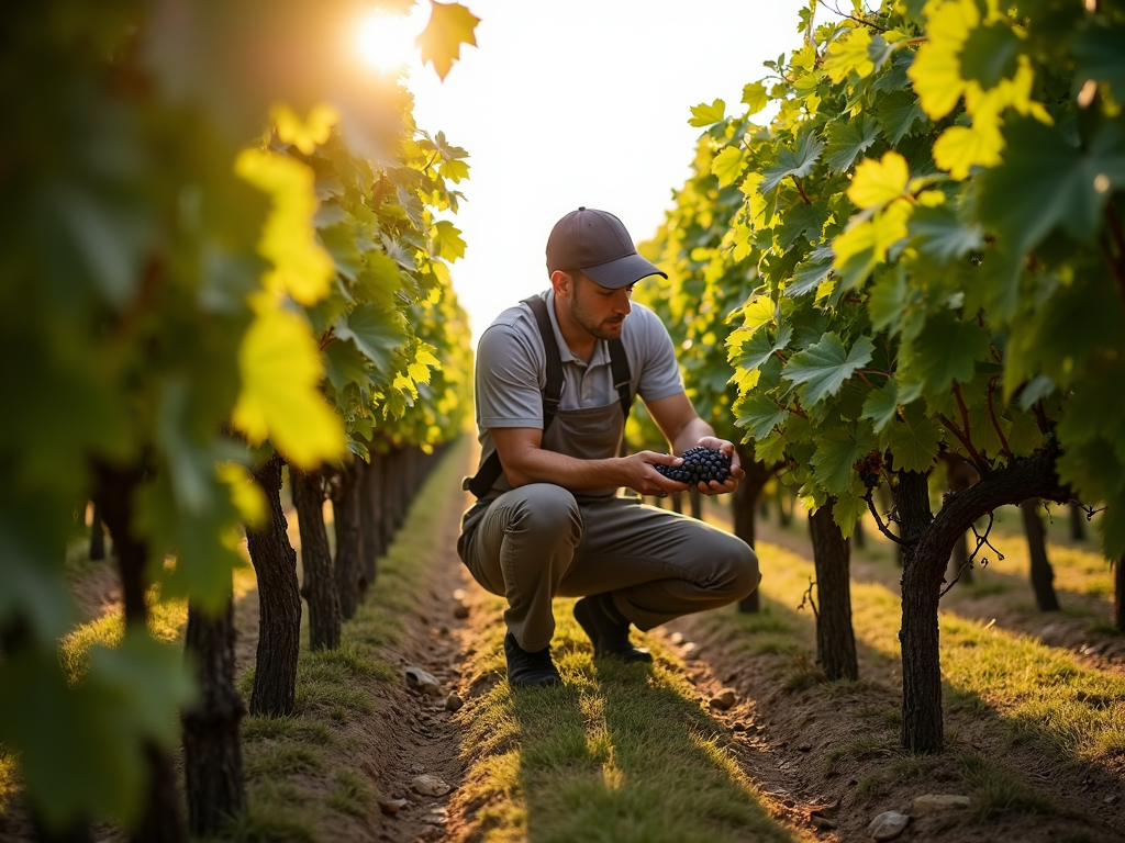 Worker caring for grapevines in a sunny vineyard.