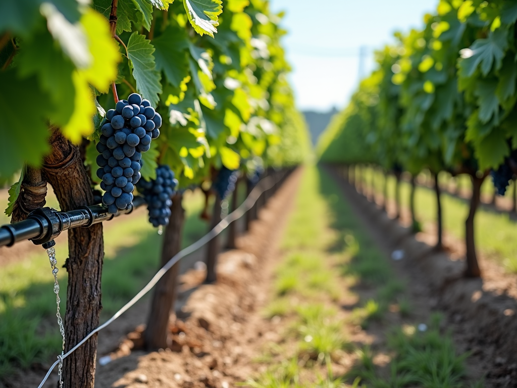Drip irrigation watering grapevines in a vineyard.