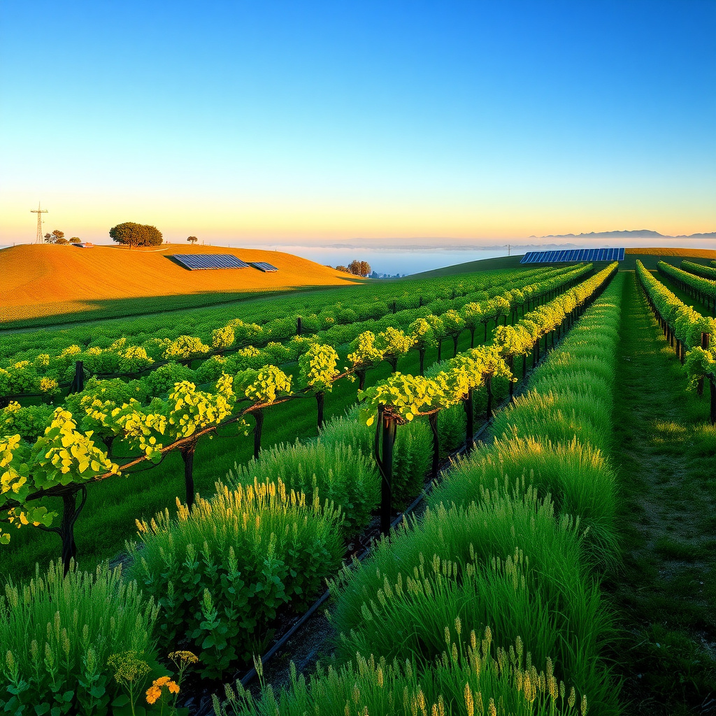 Sustainable vineyard in Napa Valley showcasing cover crops and solar energy
