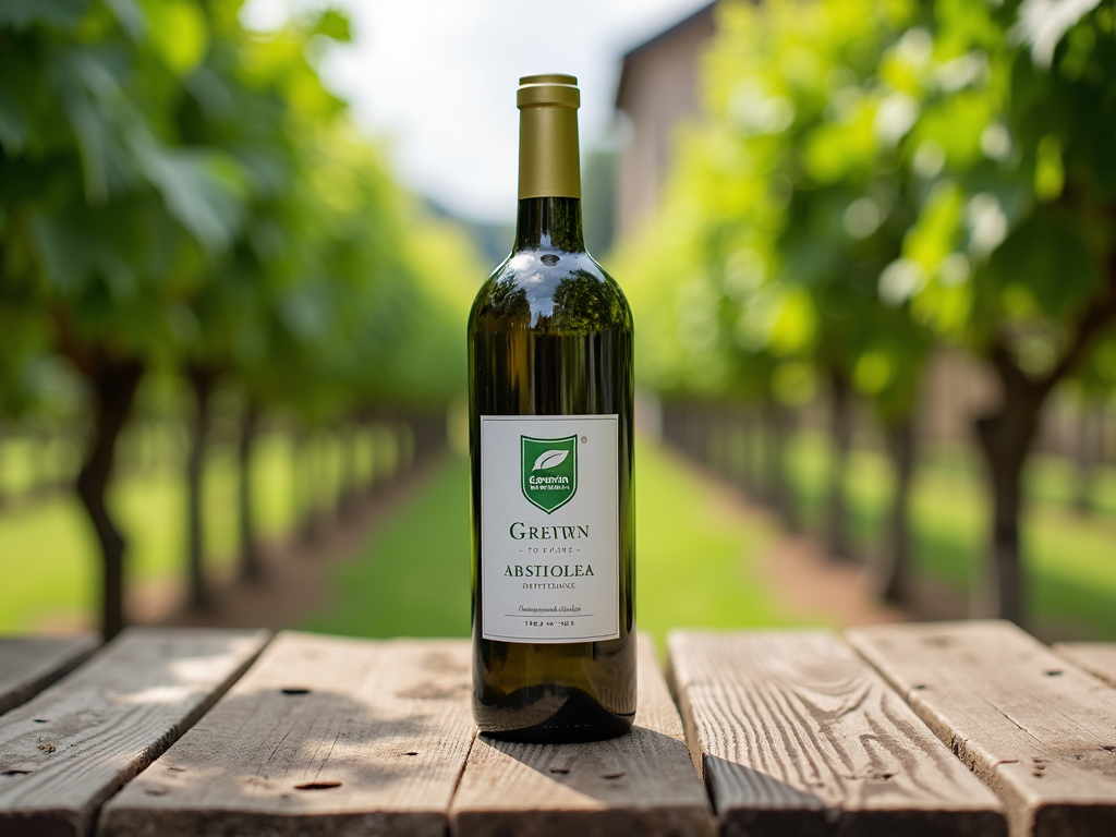 Wine bottle with a sustainability label, highlighting eco-friendly winemaking.