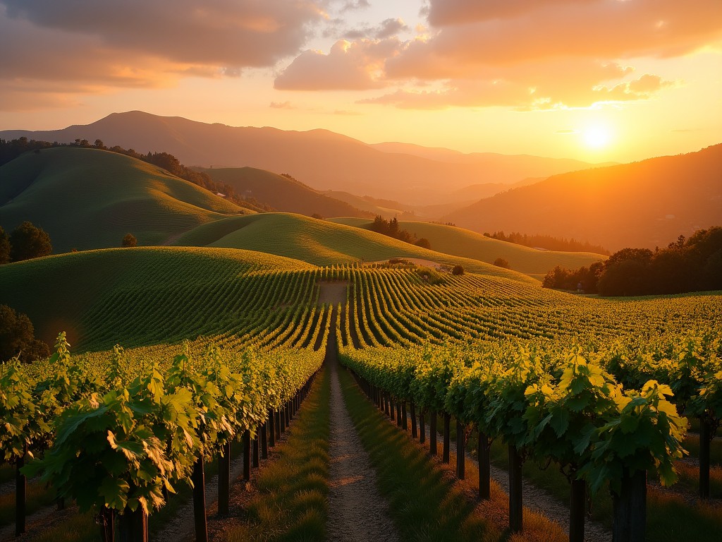 A vineyard landscape at sunset, illustrating the serenity and beauty of wine country.