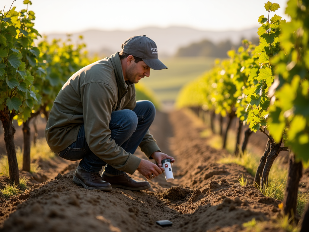 A worker at Jackson Family Wines using a soil sensor in Sonoma, demonstrating precision farming for sustainability.