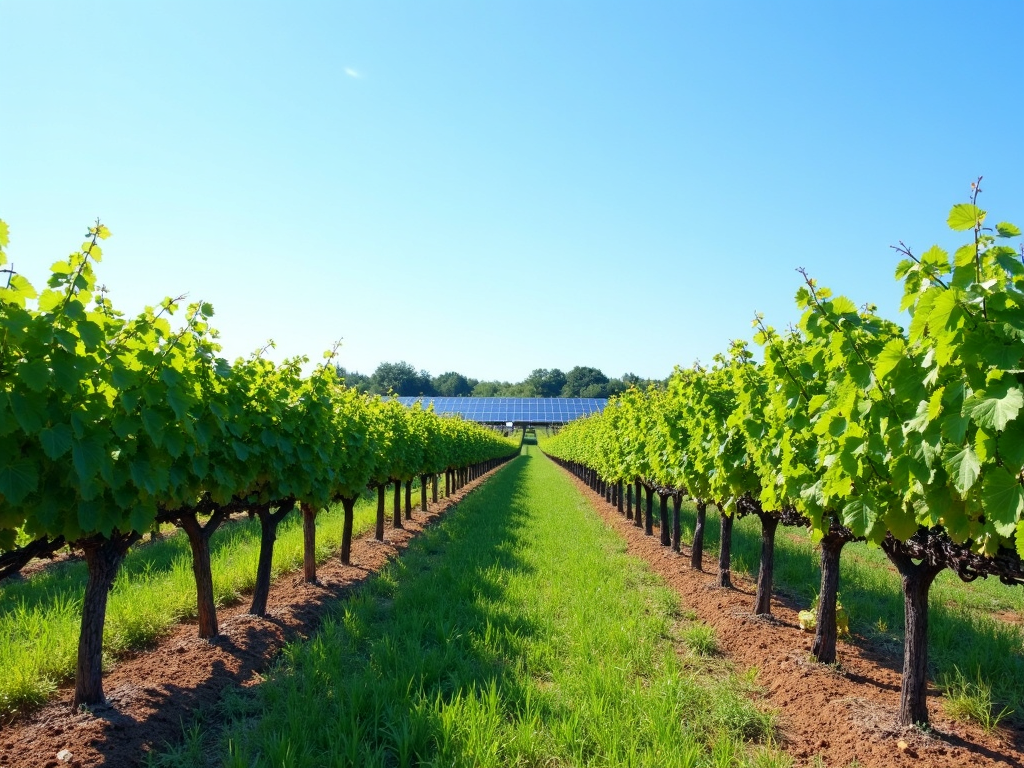Sustainable vineyard with cover crops and solar panels