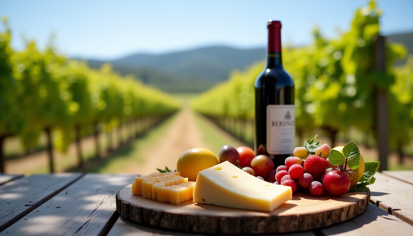 A selection of gourmet cheese and fruits paired with wine at a tasting event.