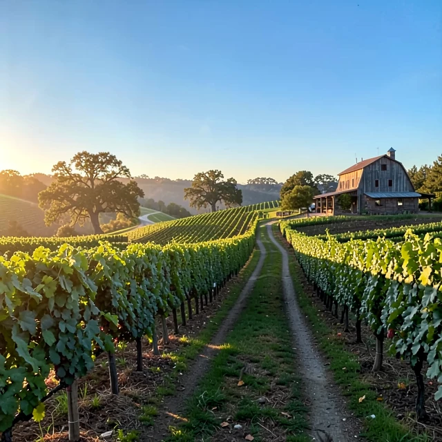 Sunlit vineyards in Sonoma at golden hour