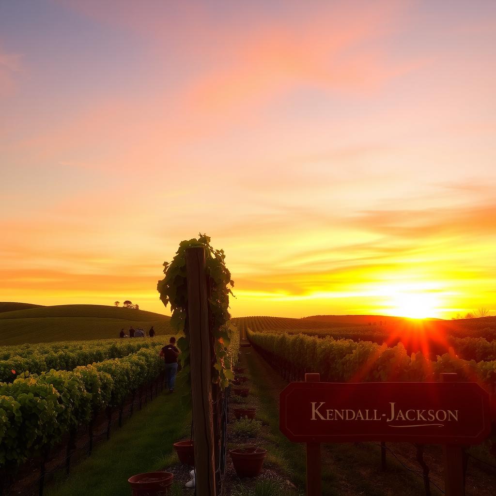 Sunset over Kendall-Jackson vineyard in Sonoma County with workers tending vines