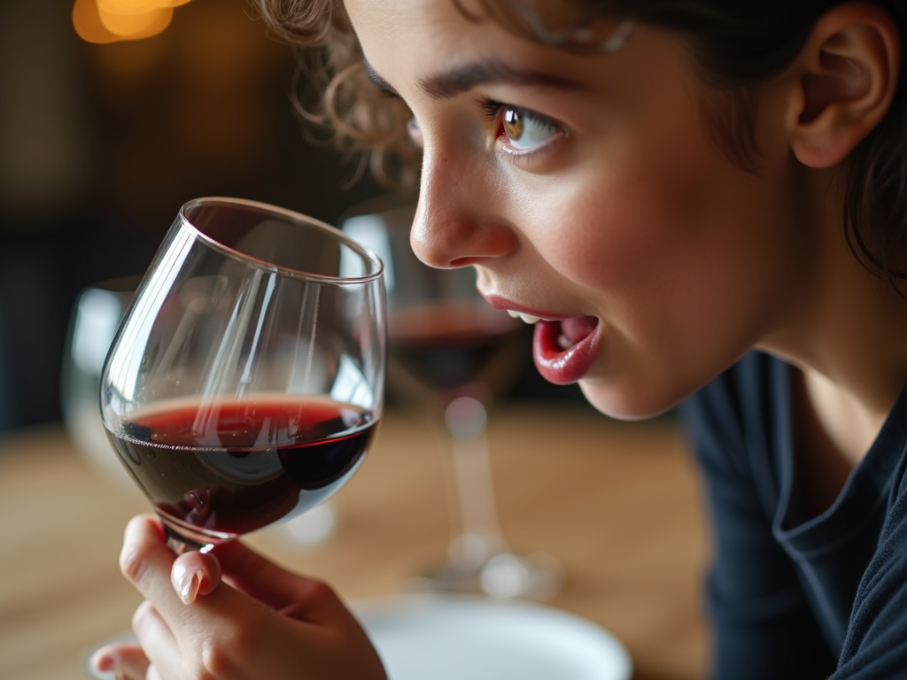 Swirling and smelling a glass of wine to enjoy its aromas.