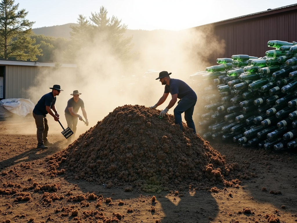 Composting grape pomace at a winery.