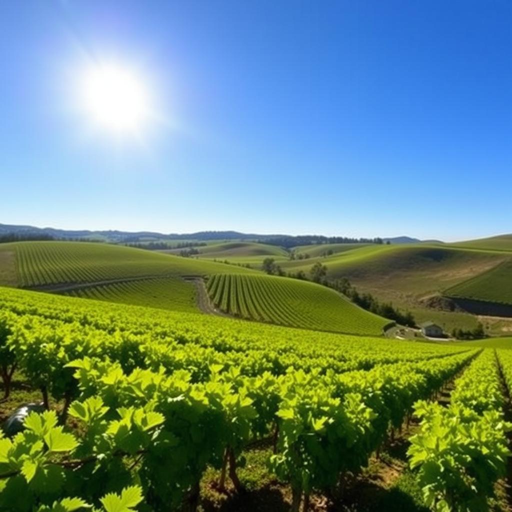 Sunlit Jackson Family Wines vineyard with green grapevines on rolling hills.