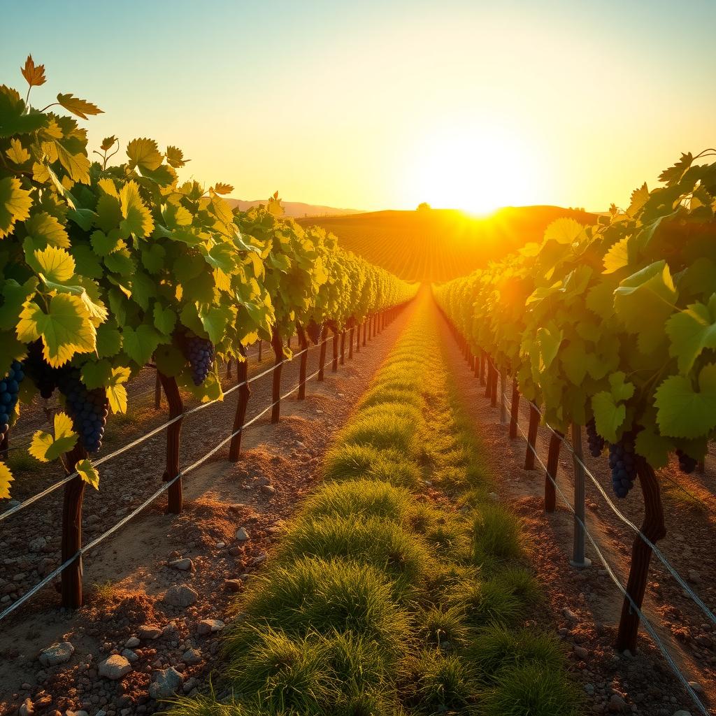 Sunlit Bordeaux vineyard with gravelly soil and rows of grapevines under a golden sunset.