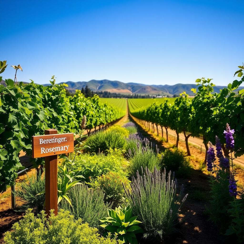 Sensory garden at Beringer Vineyards with herbs and grapevines