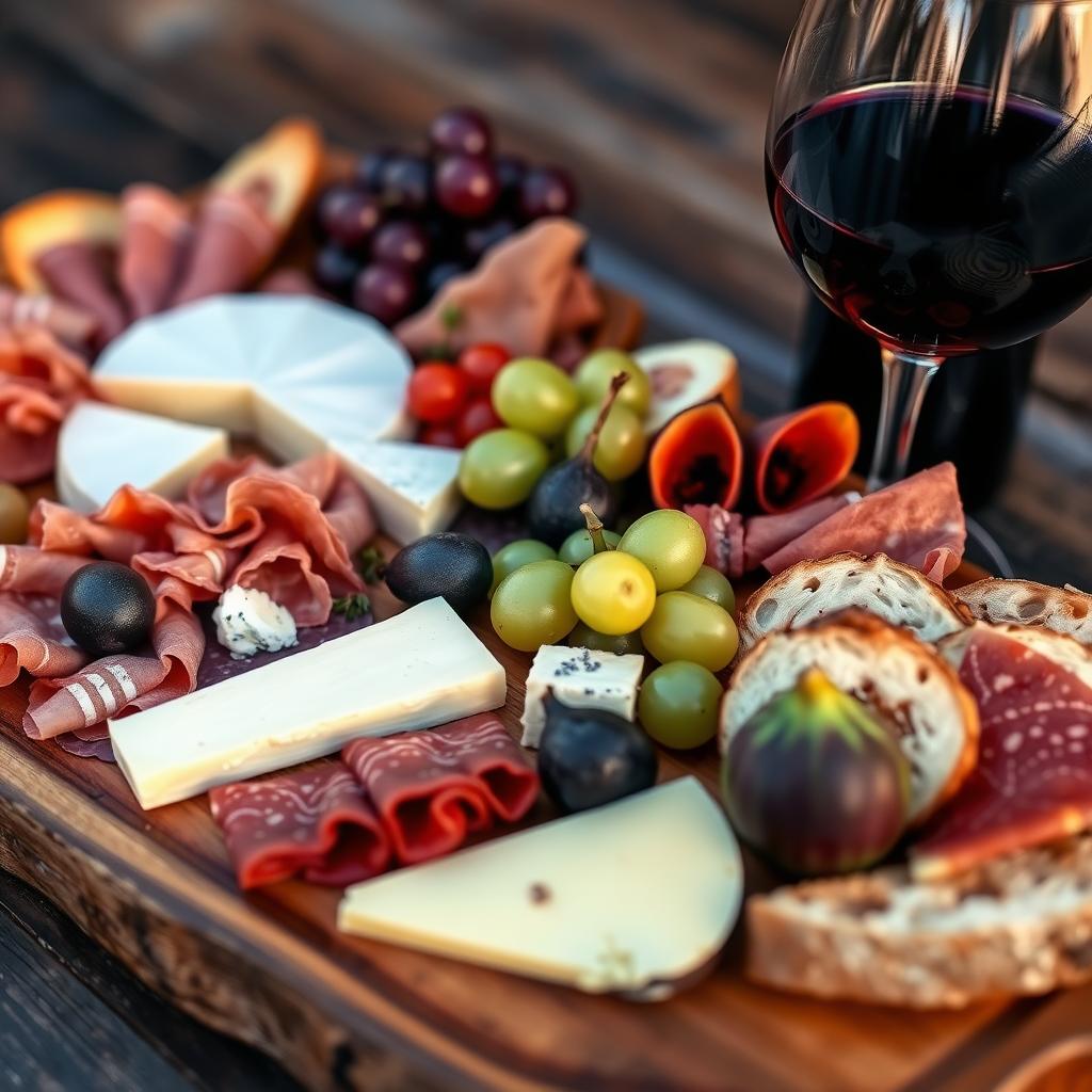 A charcuterie board with cheeses, cured meats, grapes, and a glass of Beringer Merlot.