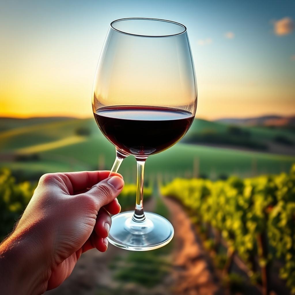 A glass of deep red Cabernet Sauvignon held up to the light, showcasing its ruby hue, with a vineyard landscape in the background.