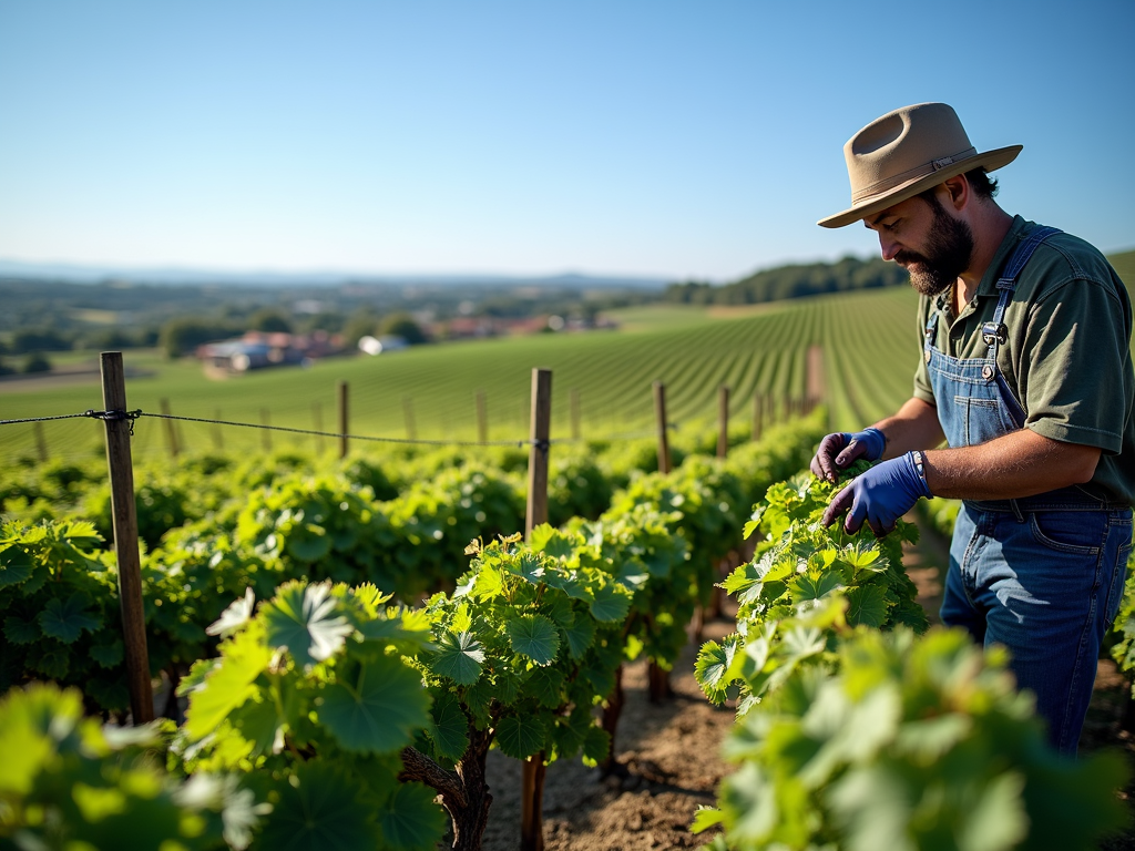 Sustainable vineyard with worker tending to vines