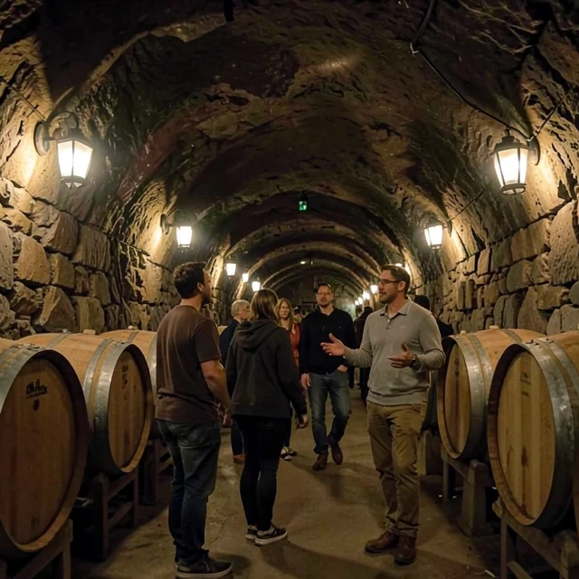Visitors exploring the historic wine caves during a Beringer tour
