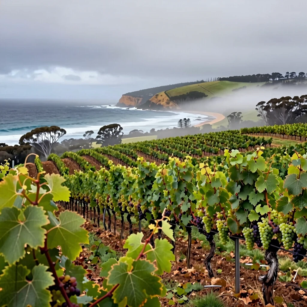 Cool-climate vineyards in Tasmania, Australia, known for elegant Pinot Noir and Chardonnay