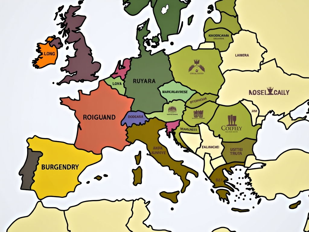 Map of major wine regions: Burgundy, Napa Valley, and Mosel Valley