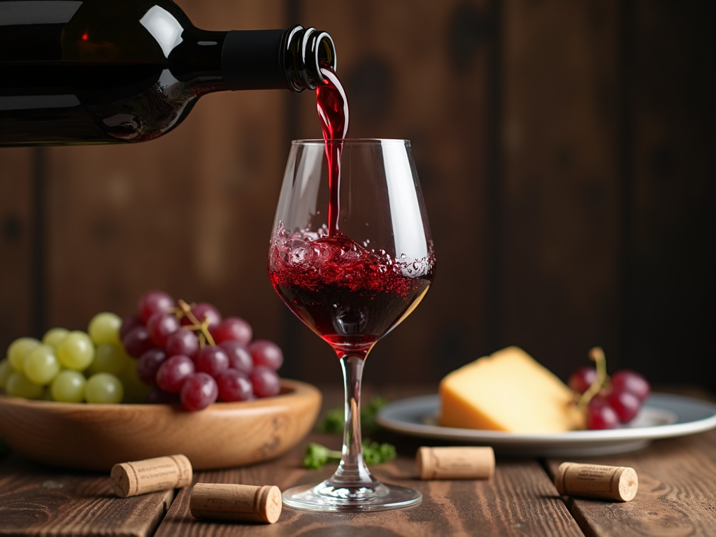 A glass of red wine being poured, with a rustic table setting in the background.