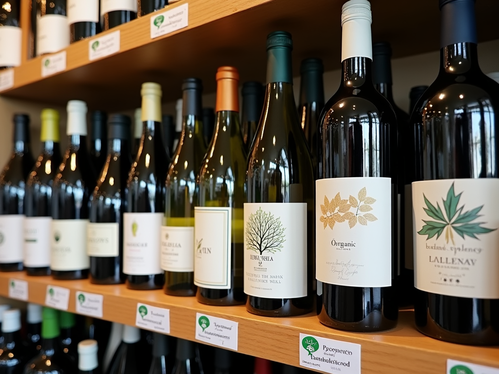 Wine shop shelf with eco-friendly wines