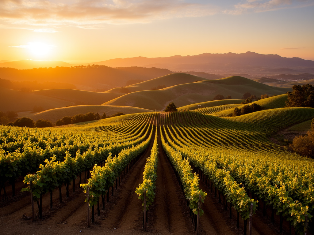 Scenic sunset over Sonoma County vineyards