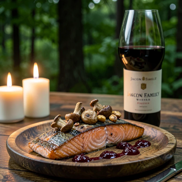 Grilled king salmon with wild mushrooms paired with Oregon Pinot Noir from Jackson Family Wines