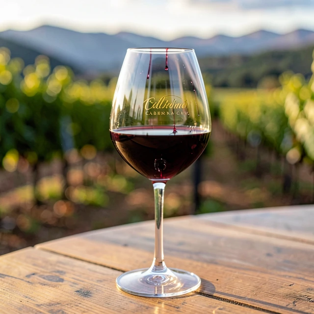 Swirling glass of rich California Cabernet Sauvignon