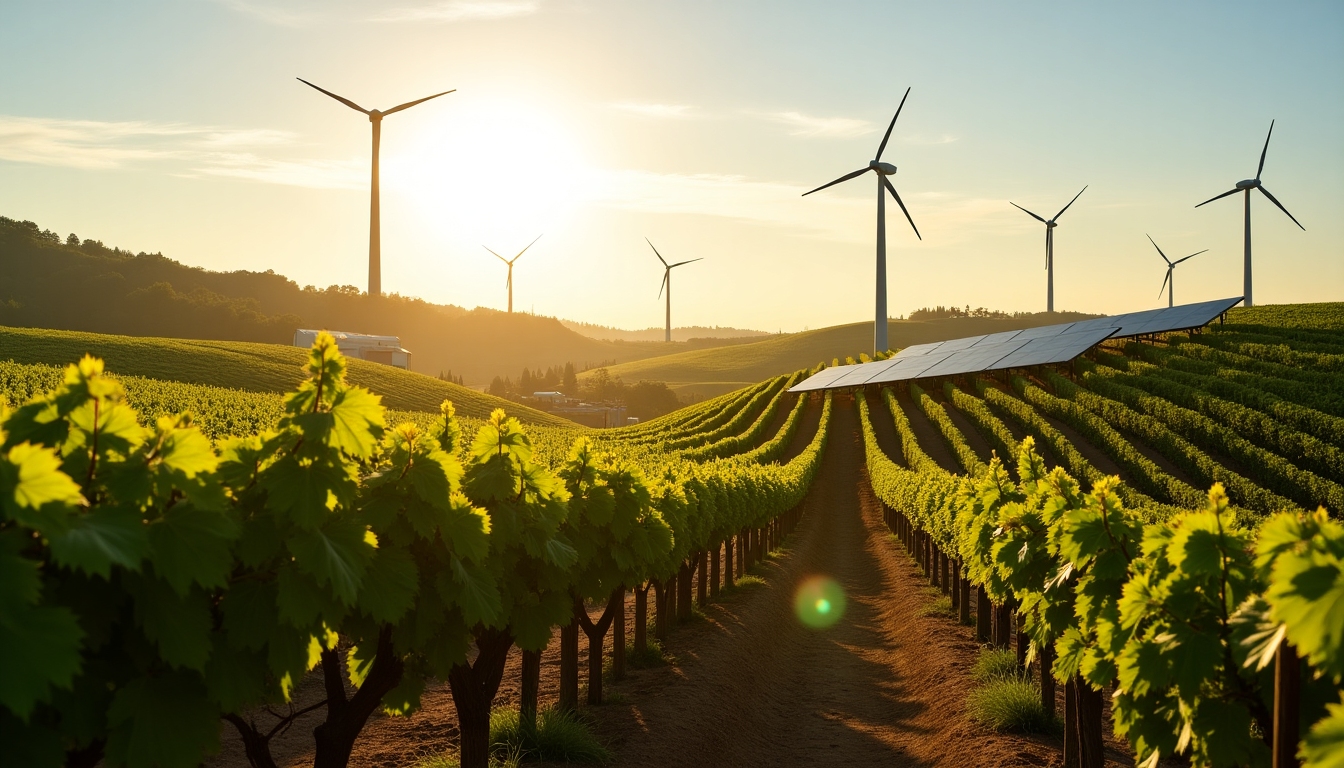 Sustainable vineyard with solar panels and wind turbines in the backdrop.