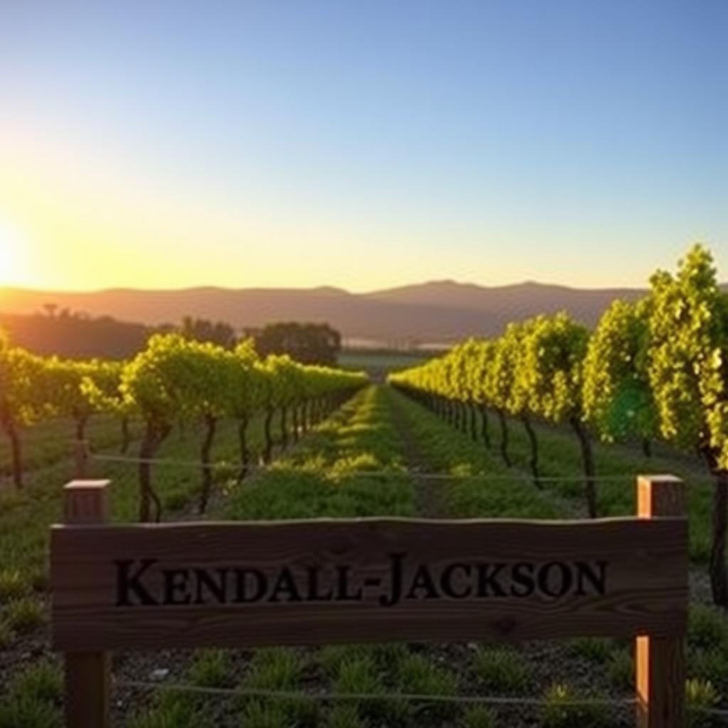 Kendall-Jackson vineyard at golden hour with grapevines and rolling hills.
