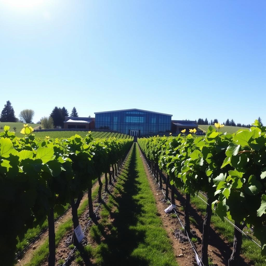 Oregon vineyard with Pinot Noir vines and a modern winery building