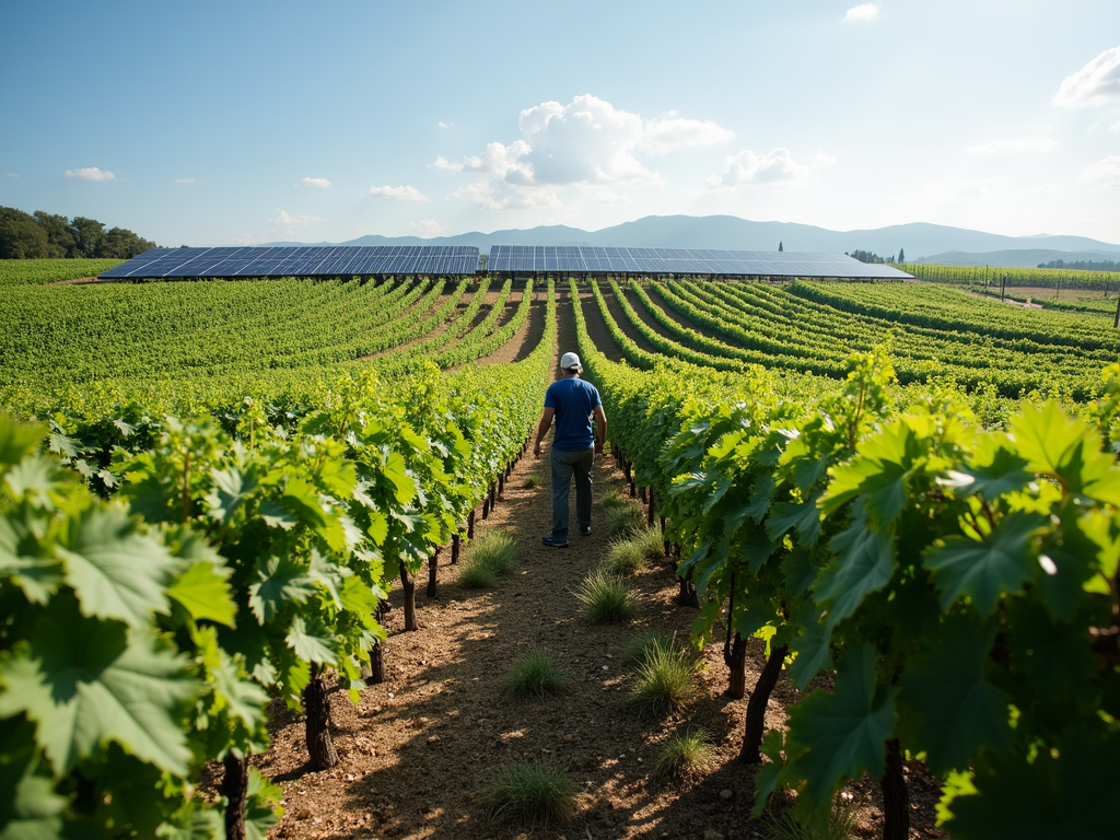 A sustainable vineyard with solar panels and eco-friendly practices.
