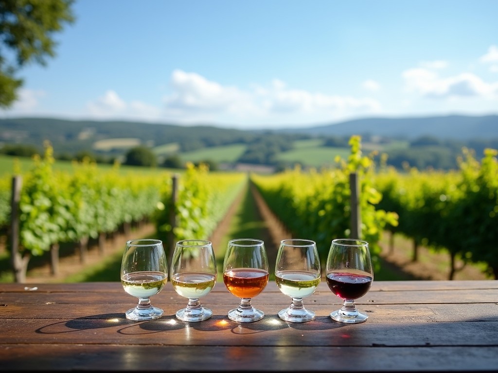 A wine tasting session with multiple wine glasses and a view of vineyards through large windows.