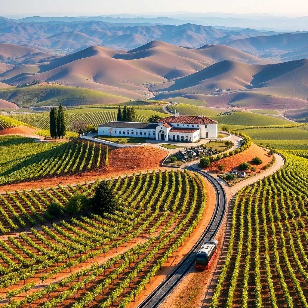 Sterling Vineyards’ hilltop winery with sprawling Napa Valley vineyards and tramway under a clear sky.