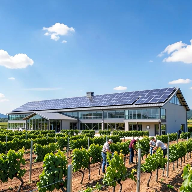 Solar-powered winery building amid expansive vineyards