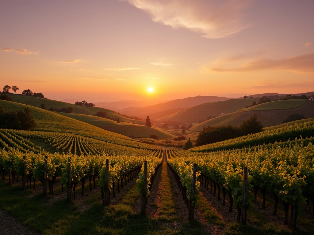 Vineyard at sunset with grapevines and a colorful sky.