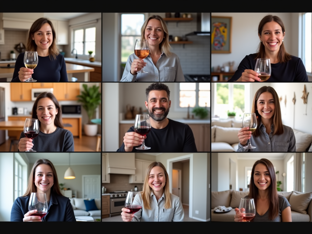 A group of friends enjoying a virtual wine tasting party via video call.