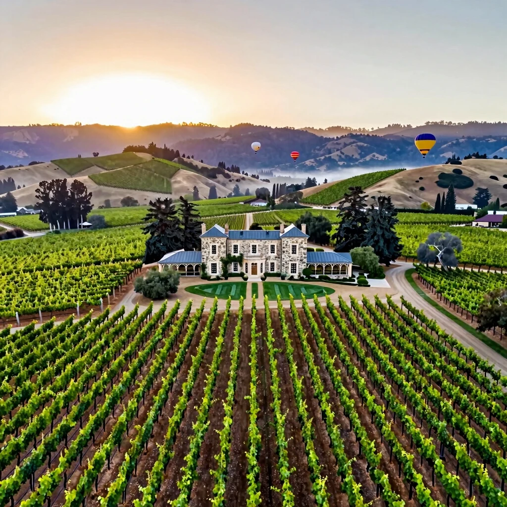 Aerial view of Beringer vineyards in California's Wine Country at sunset