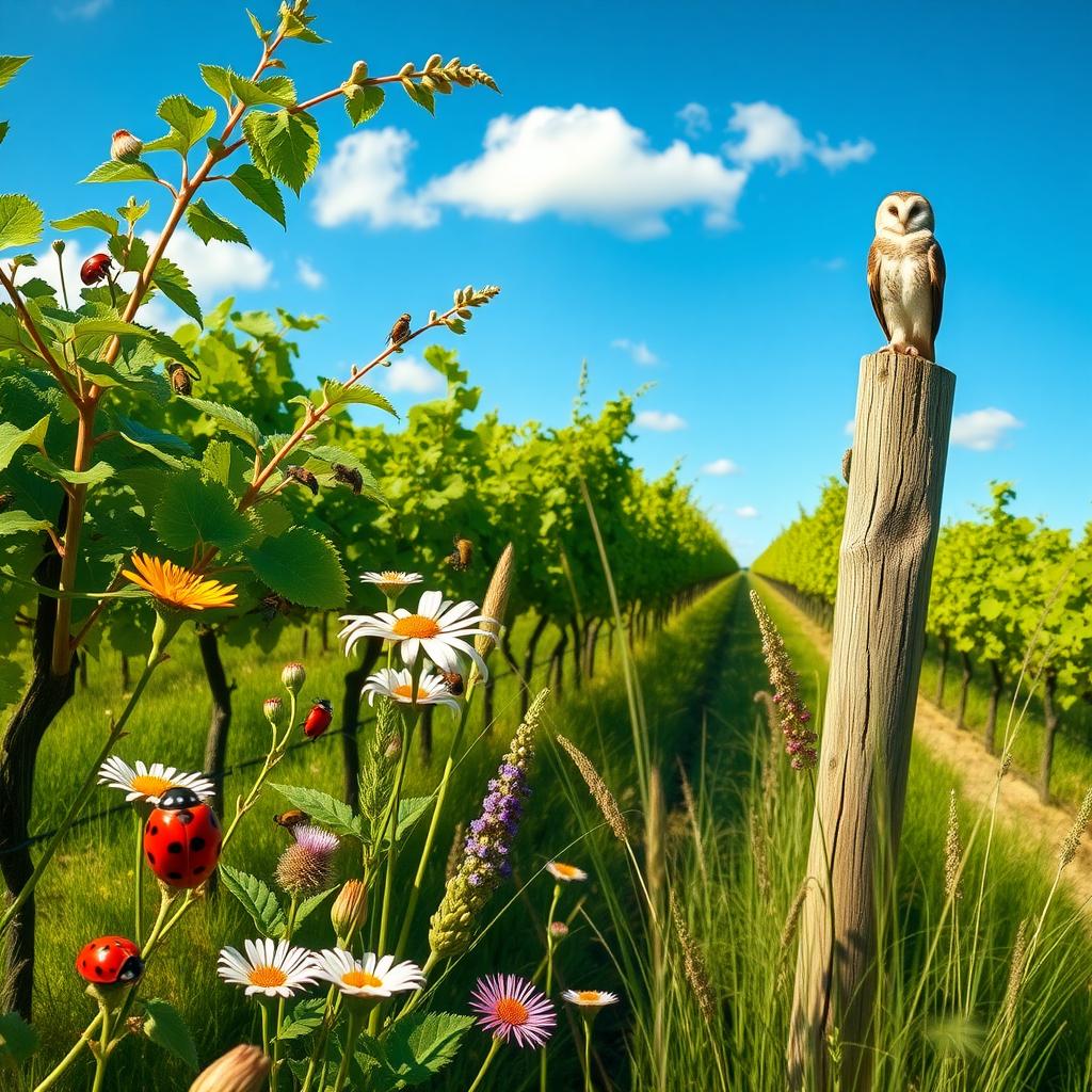 A vineyard with wildflowers and native grasses, attracting ladybugs, bees, and a barn owl.