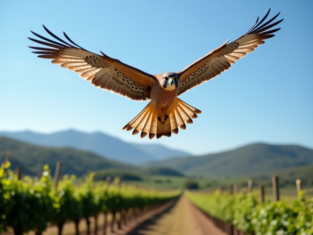 A falcon soaring above Jackson Family Wines’ vineyard, keeping pests away naturally.