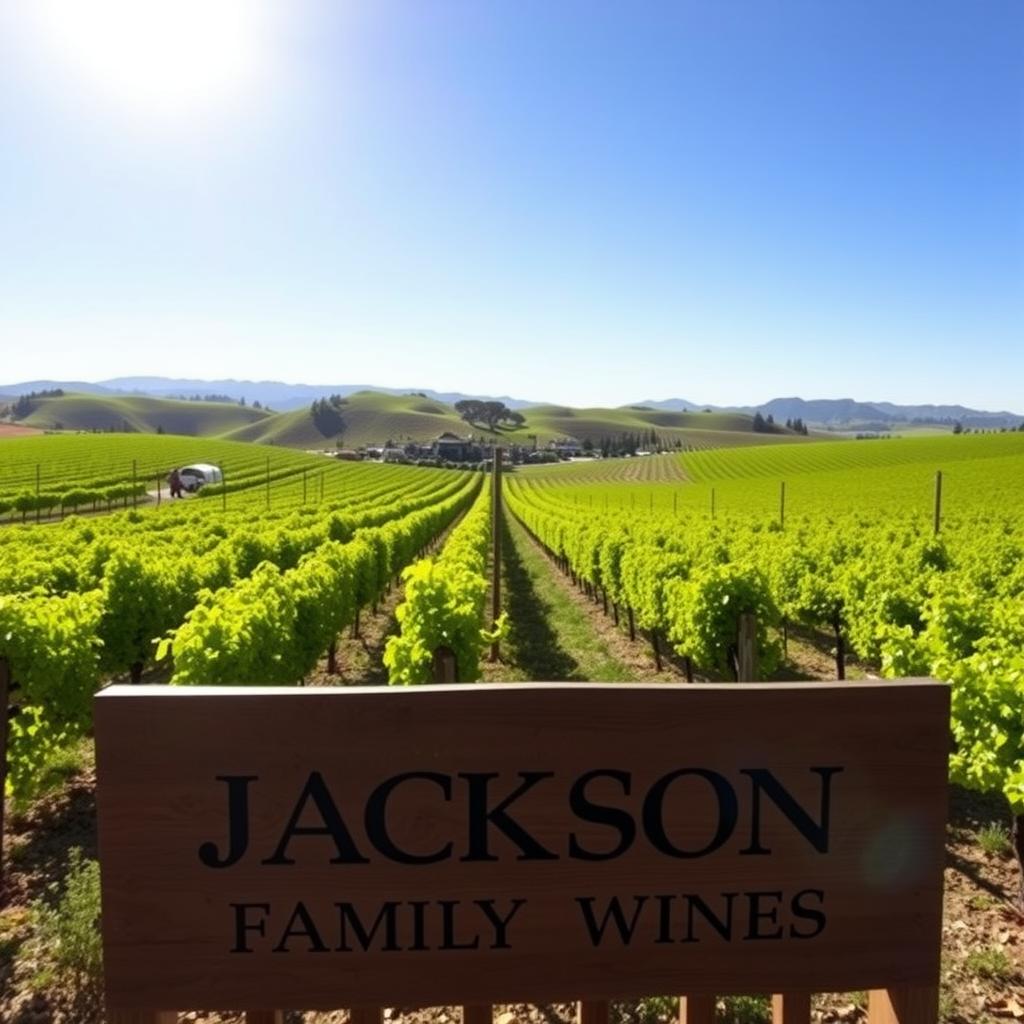 Chardonnay vineyard in Lake County with workers and Jackson Family Wines sign.